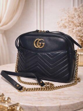 Authentic Gucci GG Marmont Small Camera Bag Black Leather Matelassé Crossbody